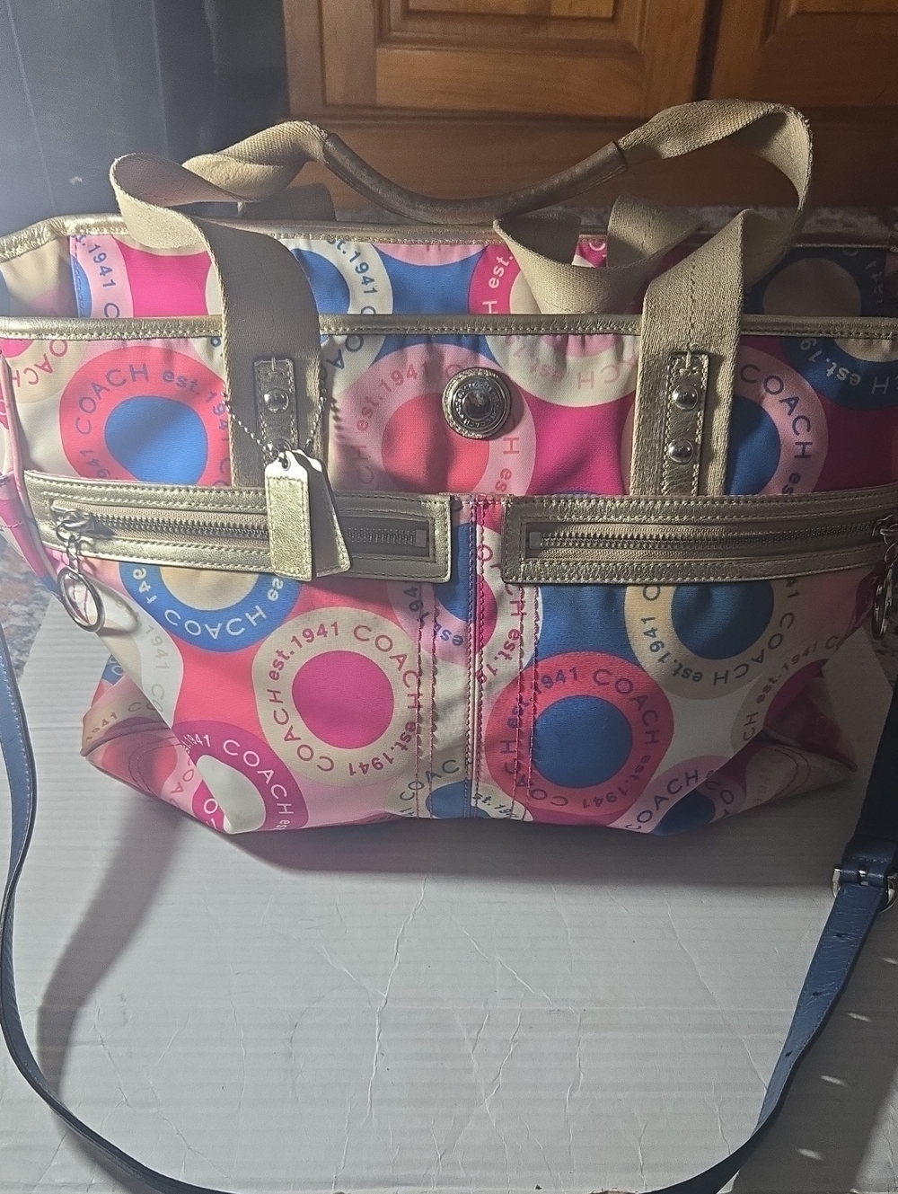 Coach Pink and Blue Circle Logo Tote with Gold Trim